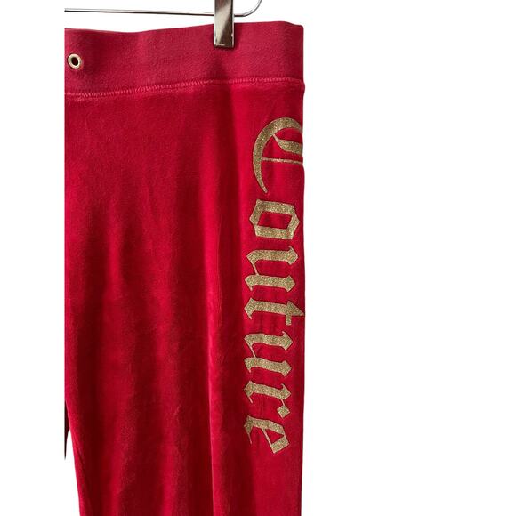 Juicy Couture OG Red Velour Track Pants Gold Glitter Logo M - Picture 3 of 7